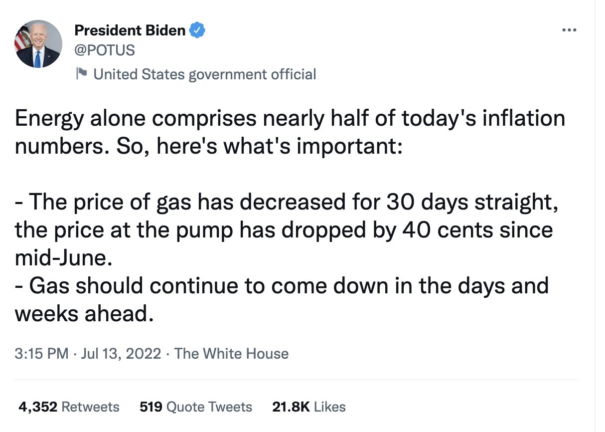 President Joe Biden tweeted about gas prices last week.