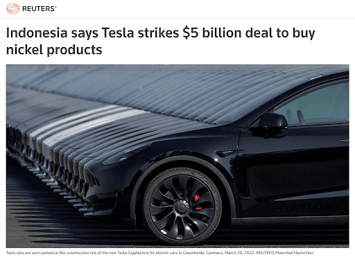 Indonesia says Tesla strikes $5 billion deal to buy nickel products